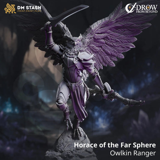 Horace of the Far Sphere – owlkin ranger miniature with wings extended mid-flight, armed with blade and bow, resin figure for D&D or display