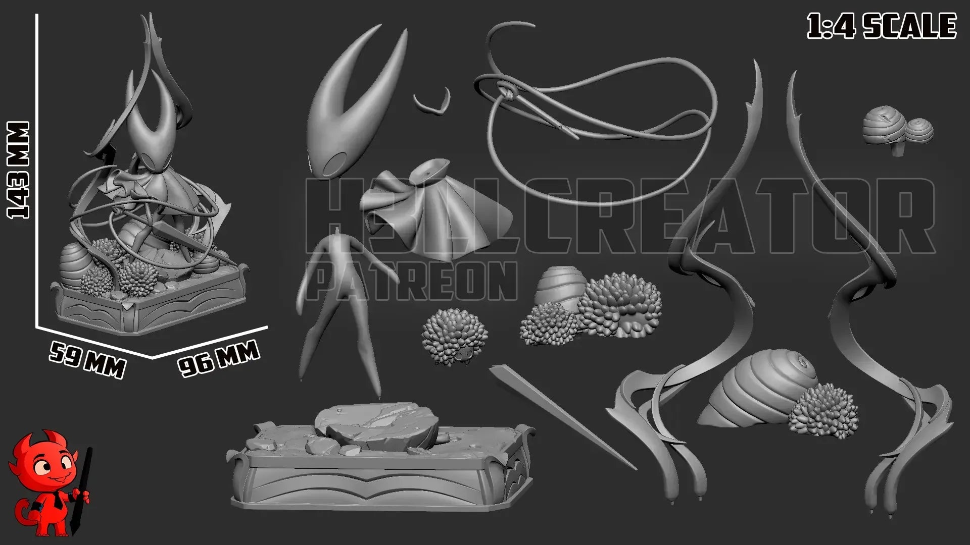 Hornet collectible statue parts layout with scale dimensions