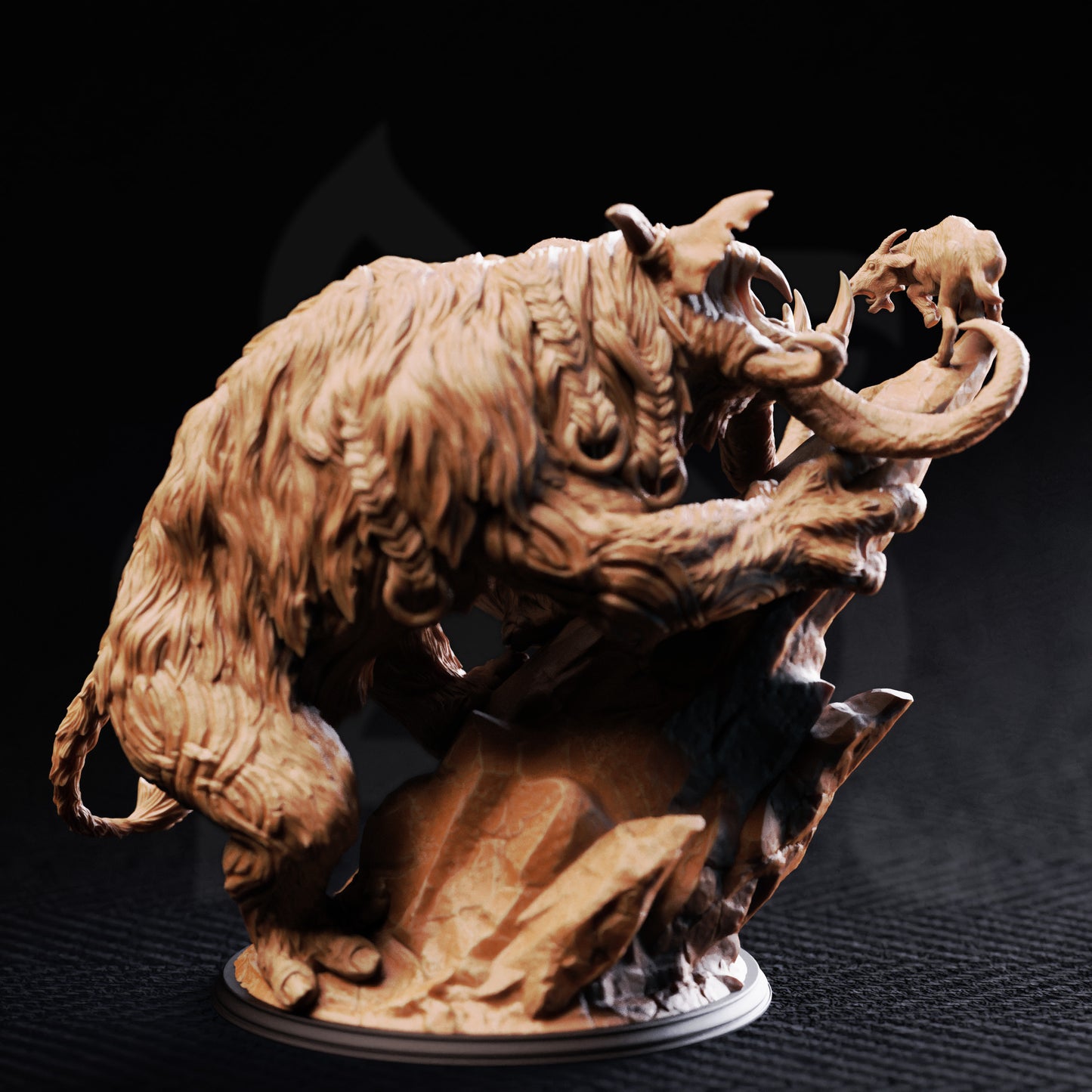 Hrimyhyrnir Frost Horned Beast huge 32mm scale resin miniature featuring a horned ice creature climbing a rocky base, printed by D&K Custom Prints.