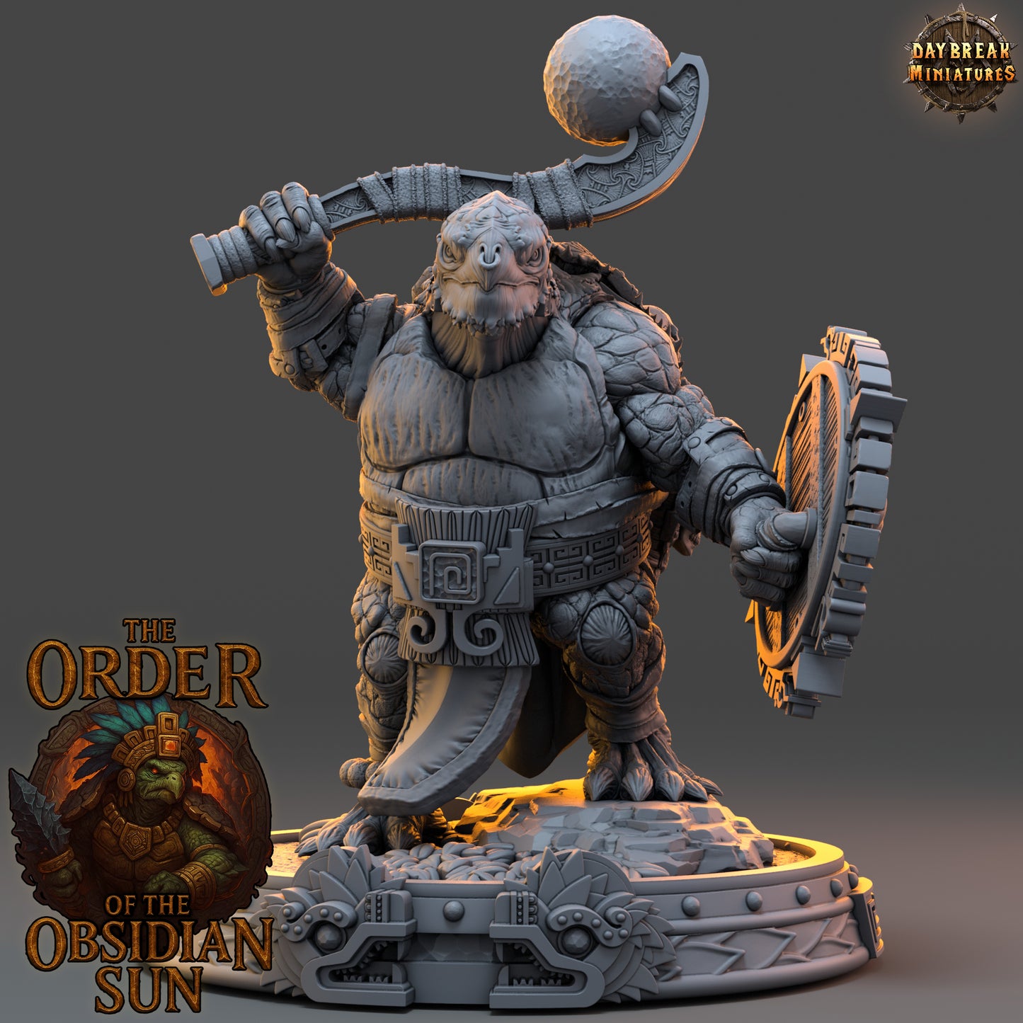 Huetzin Bonecrust resin miniature, tortle warlord with skulls, macuahuitl, and shield from the Order of the Obsidian Sun for TTRPG campaigns.