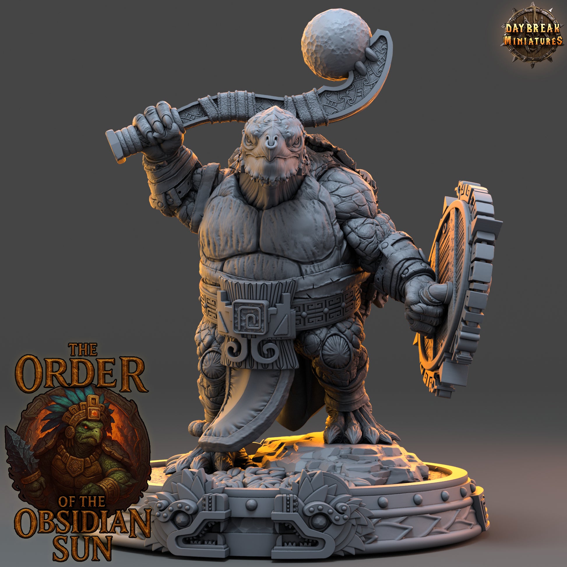 Huetzin Bonecrust resin miniature, tortle warlord with skulls, macuahuitl, and shield from the Order of the Obsidian Sun for TTRPG campaigns.