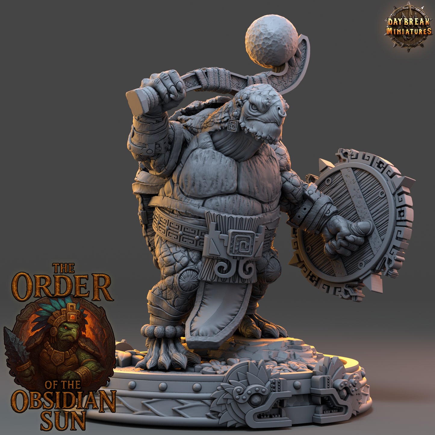 Huetzin Bonecrust resin miniature, tortle warlord with skulls, macuahuitl, and shield from the Order of the Obsidian Sun for TTRPG campaigns.