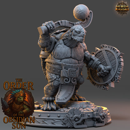 Huetzin Bonecrust resin miniature, tortle warlord with skulls, macuahuitl, and shield from the Order of the Obsidian Sun for TTRPG campaigns.