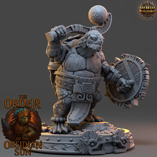 Huetzin Bonecrust resin miniature, tortle warlord with skulls, macuahuitl, and shield from the Order of the Obsidian Sun for TTRPG campaigns.