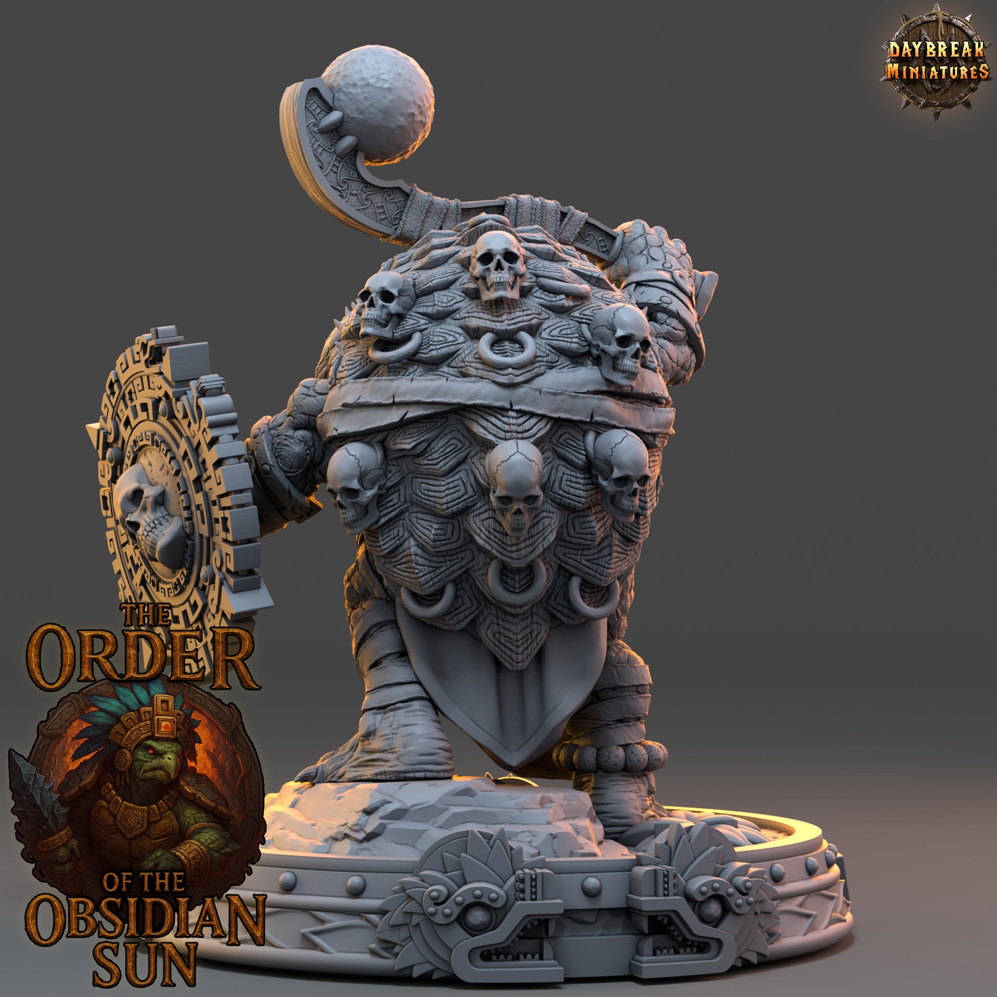 Huetzin Bonecrust resin miniature, tortle warlord with skulls, macuahuitl, and shield from the Order of the Obsidian Sun for TTRPG campaigns.