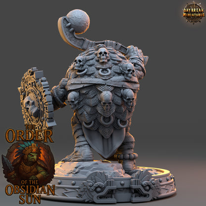 Huetzin Bonecrust resin miniature, tortle warlord with skulls, macuahuitl, and shield from the Order of the Obsidian Sun for TTRPG campaigns.
