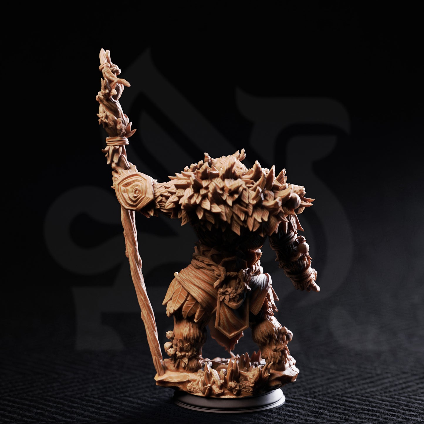 Hvitabjörn Druid of the White Tundra resin miniature featuring a fur-clad druid wielding a wooden staff, available in 32mm and 75mm scales from D&K Custom Prints.