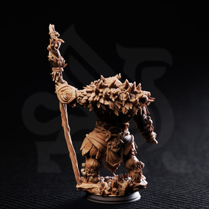 Hvitabjörn Druid of the White Tundra resin miniature featuring a fur-clad druid wielding a wooden staff, available in 32mm and 75mm scales from D&K Custom Prints.