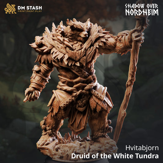 Hvitabjörn Druid of the White Tundra resin miniature featuring a fur-clad druid wielding a wooden staff, available in 32mm and 75mm scales from D&K Custom Prints.
