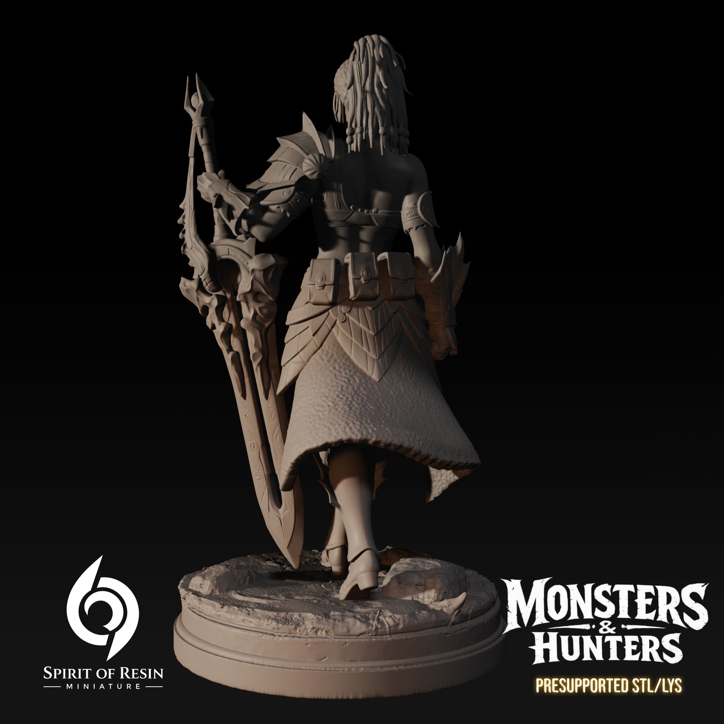 Ambra, Supervisor of the Expedition resin miniature by Spirit of Resin Miniatures, a female huntress in survival armor wielding a massive ornate greatsword shown from the back.