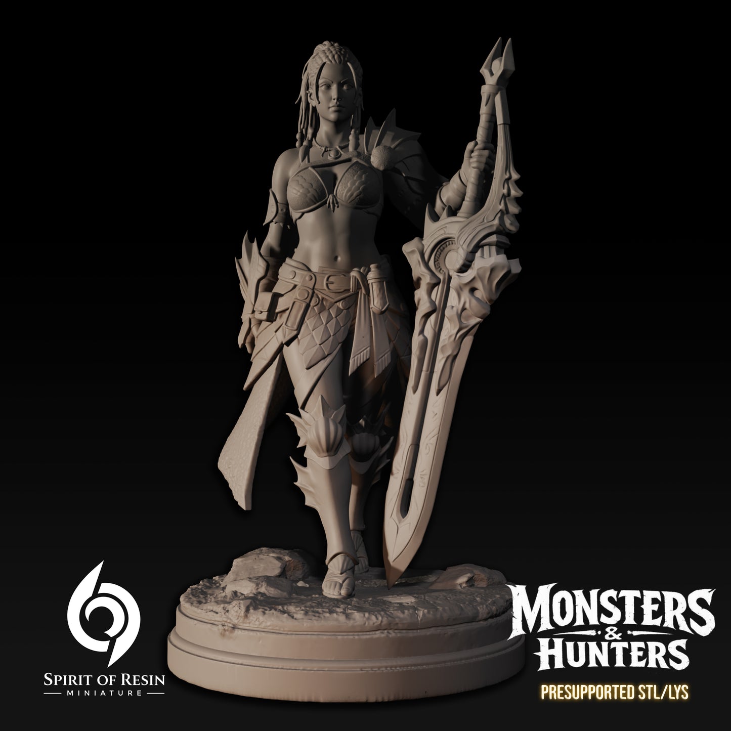 Ambra, Supervisor of the Expedition resin miniature by Spirit of Resin Miniatures, a female huntress in survival armor wielding a massive ornate greatsword.