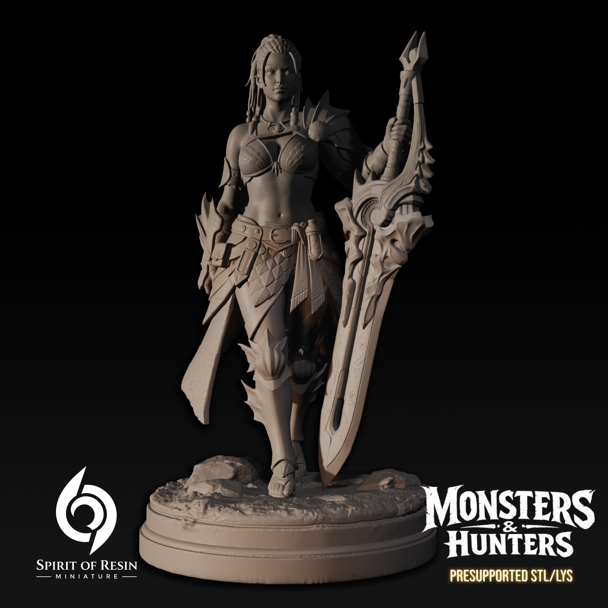 Ambra, Supervisor of the Expedition resin miniature by Spirit of Resin Miniatures, a female huntress in survival armor wielding a massive ornate greatsword.