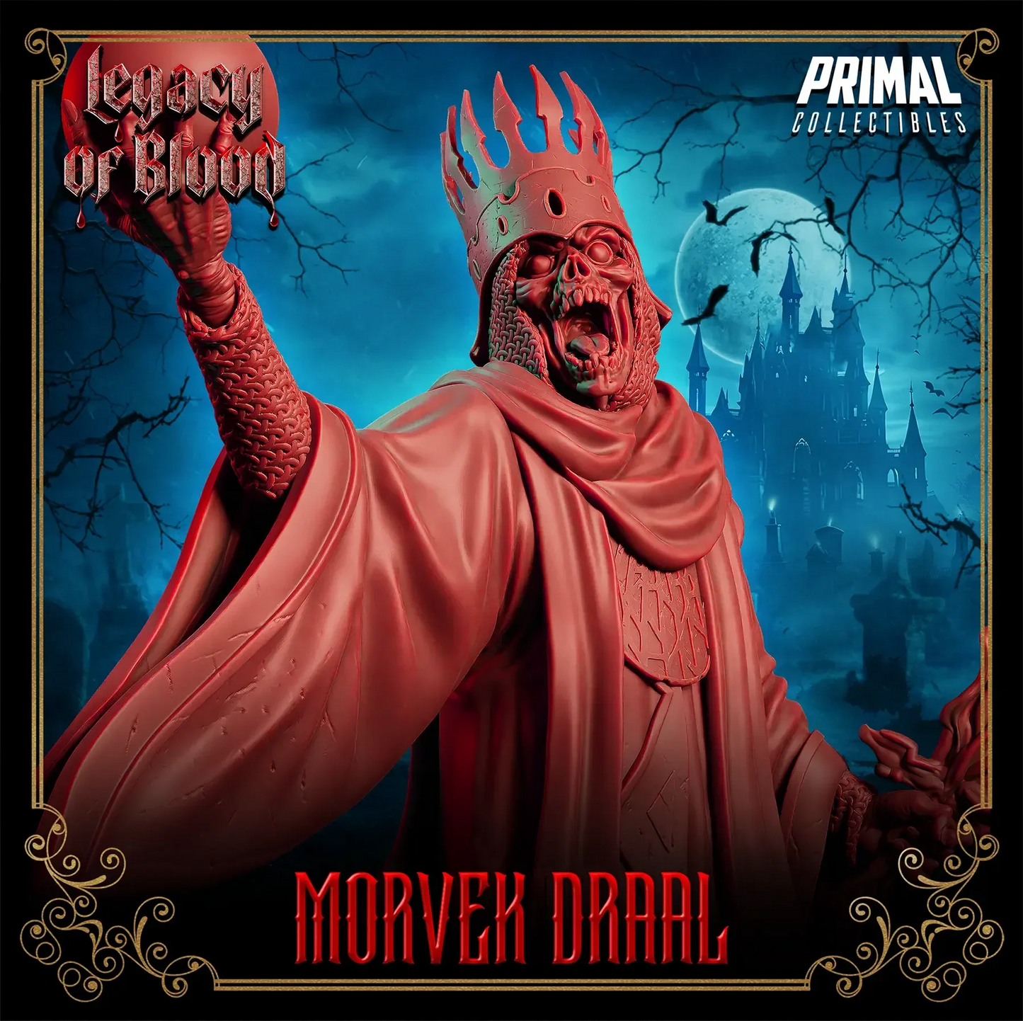 3D printed Morvek Draal miniature – undead darklord king with crown and flaming sword for tabletop RPG or display