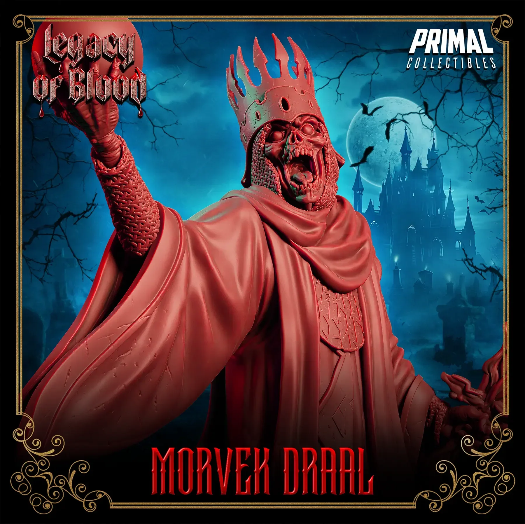 3D printed Morvek Draal miniature – undead darklord king with crown and flaming sword for tabletop RPG or display