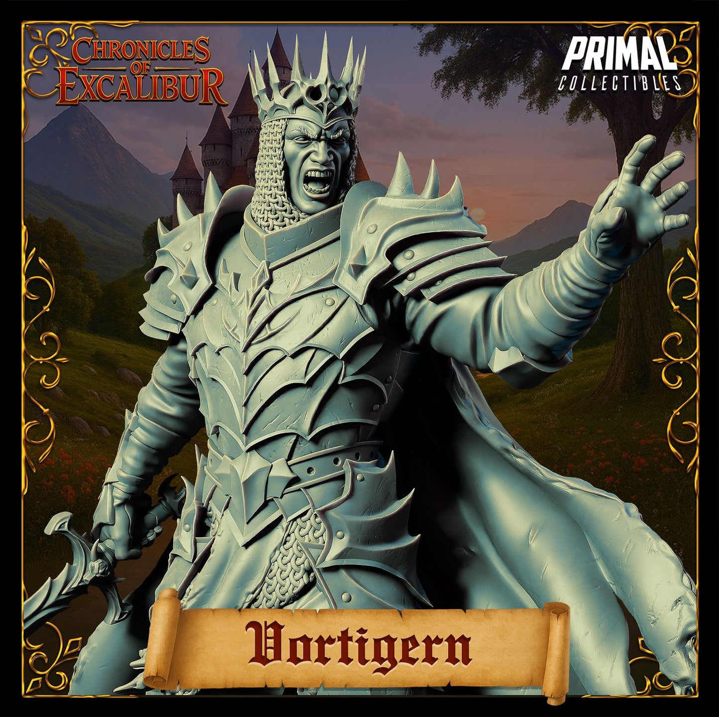 King Vortigern resin miniature close view showing crowned helm and chest armor