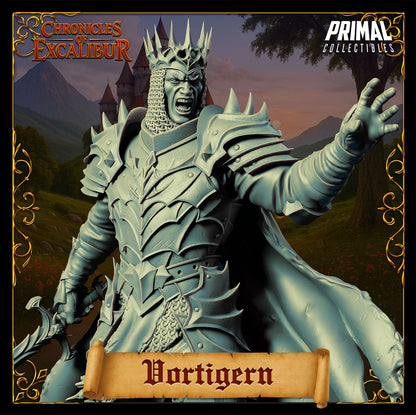 King Vortigern resin miniature close view showing crowned helm and chest armor