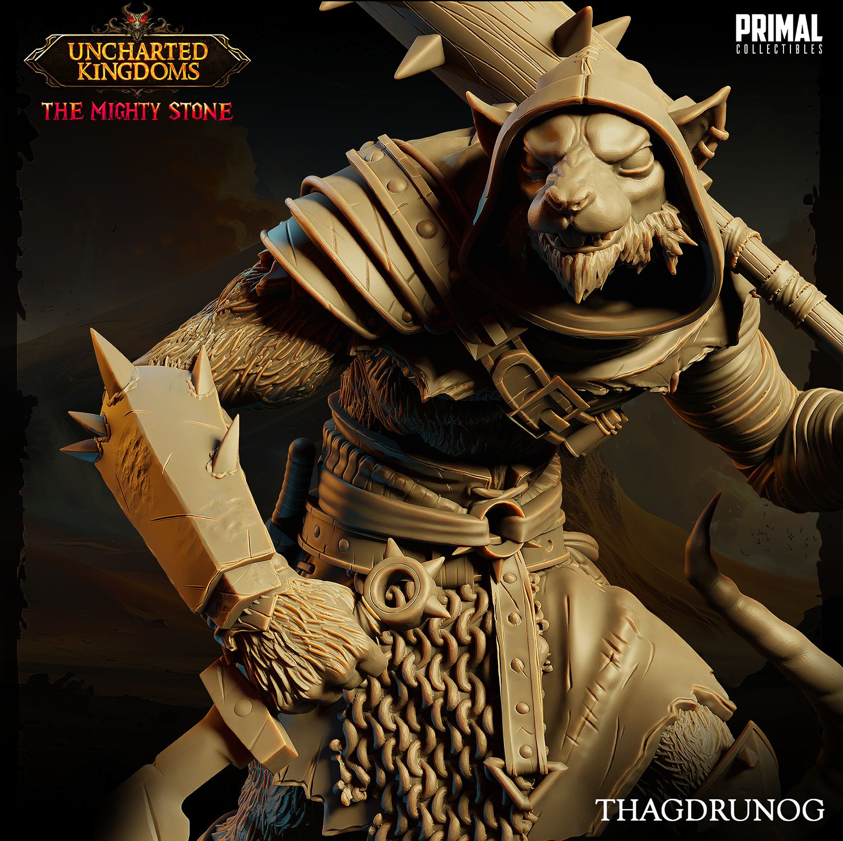 Thagdrunog wererat brute resin miniature wielding a massive spiked club ready for painting.