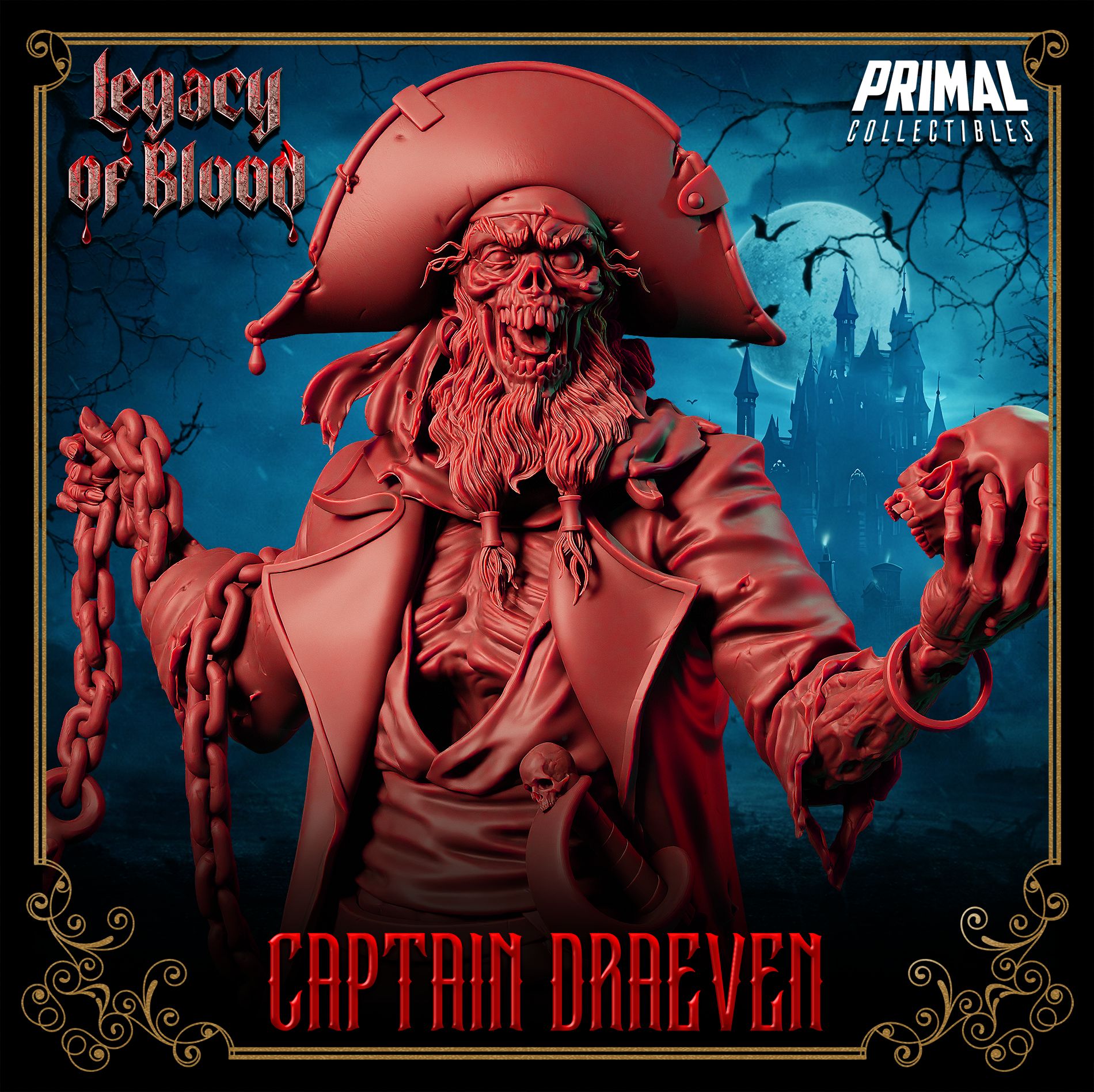 Draeven resin 3D printed undead pirate miniature, standing on shipwreck base with anchor chain – perfect RPG villain or display piece.