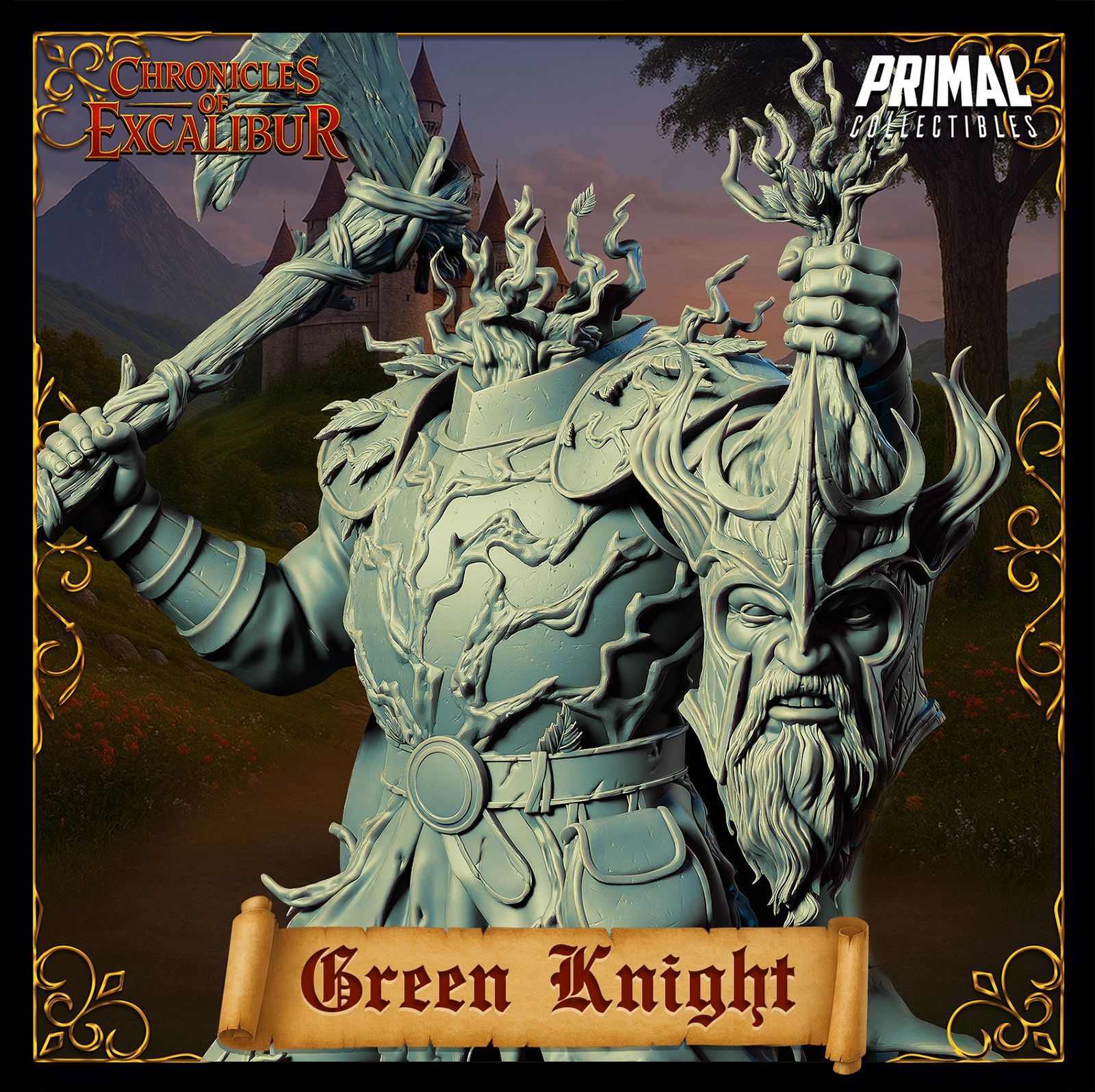 Mystic Green Knight figure with bark styled armor and raised axe crafted for fantasy tabletop and Arthurian themed display scenes by D&K Custom Prints
