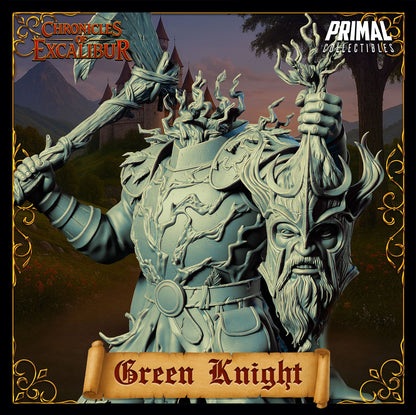 Mystic Green Knight figure with bark styled armor and raised axe crafted for fantasy tabletop and Arthurian themed display scenes by D&K Custom Prints