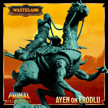 Ayen on Crodlu miniature from the Wasteland line by Primal Collectibles, depicting a warrior mounted on a spiked dinosaur-like beast.
