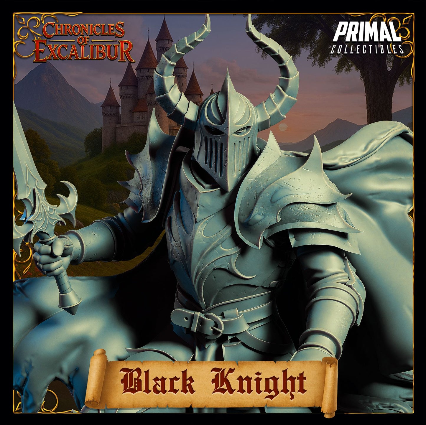 Black Knight dark fantasy armored boss miniature with flowing cape for tabletop RPGs