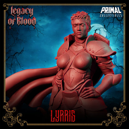 Lyrris resin 3D printed paladin miniature from Legacy of Blood, detailed armor and scenic base, perfect RPG hero or display piece.