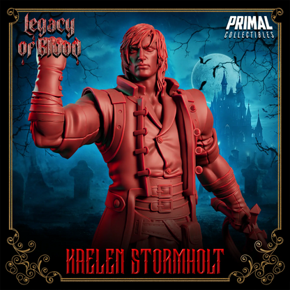 Kaelen Stormholt vampire hunter miniature standing on graveyard base, resin figure with heroic stance and detailed coat for D&D or display