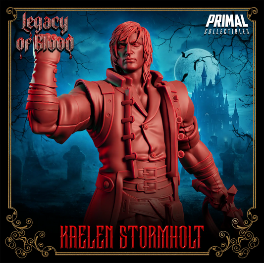 Kaelen Stormholt vampire hunter miniature standing on graveyard base, resin figure with heroic stance and detailed coat for D&D or display