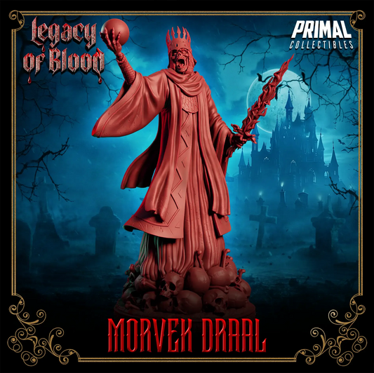 3D printed Morvek Draal miniature – undead darklord king with crown and flaming sword for tabletop RPG or display
