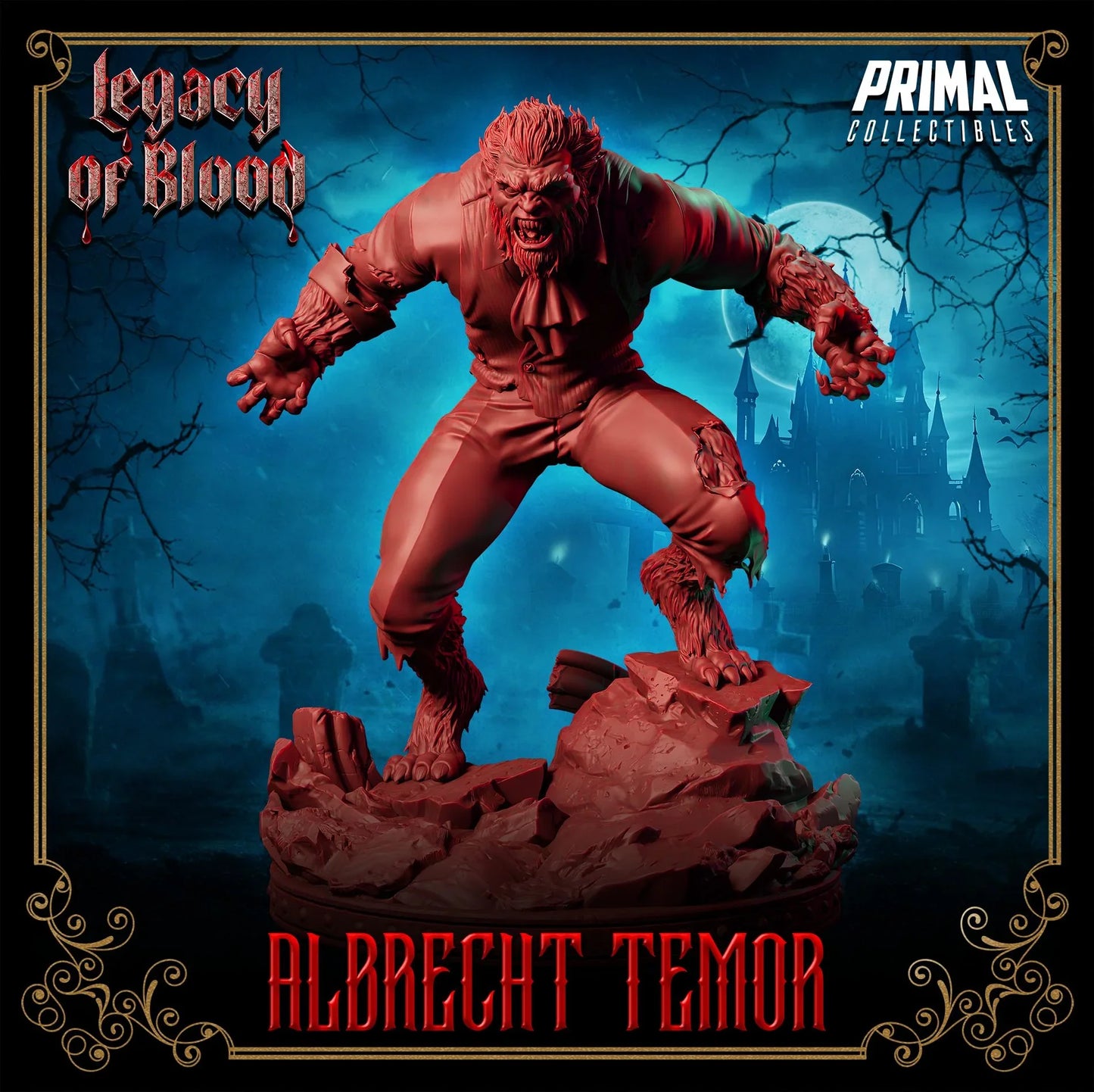 Albrecht Temor werewolf miniature snarling atop rocky base, Legacy of Blood series by Primal Collectibles – 3D printed fantasy figure.