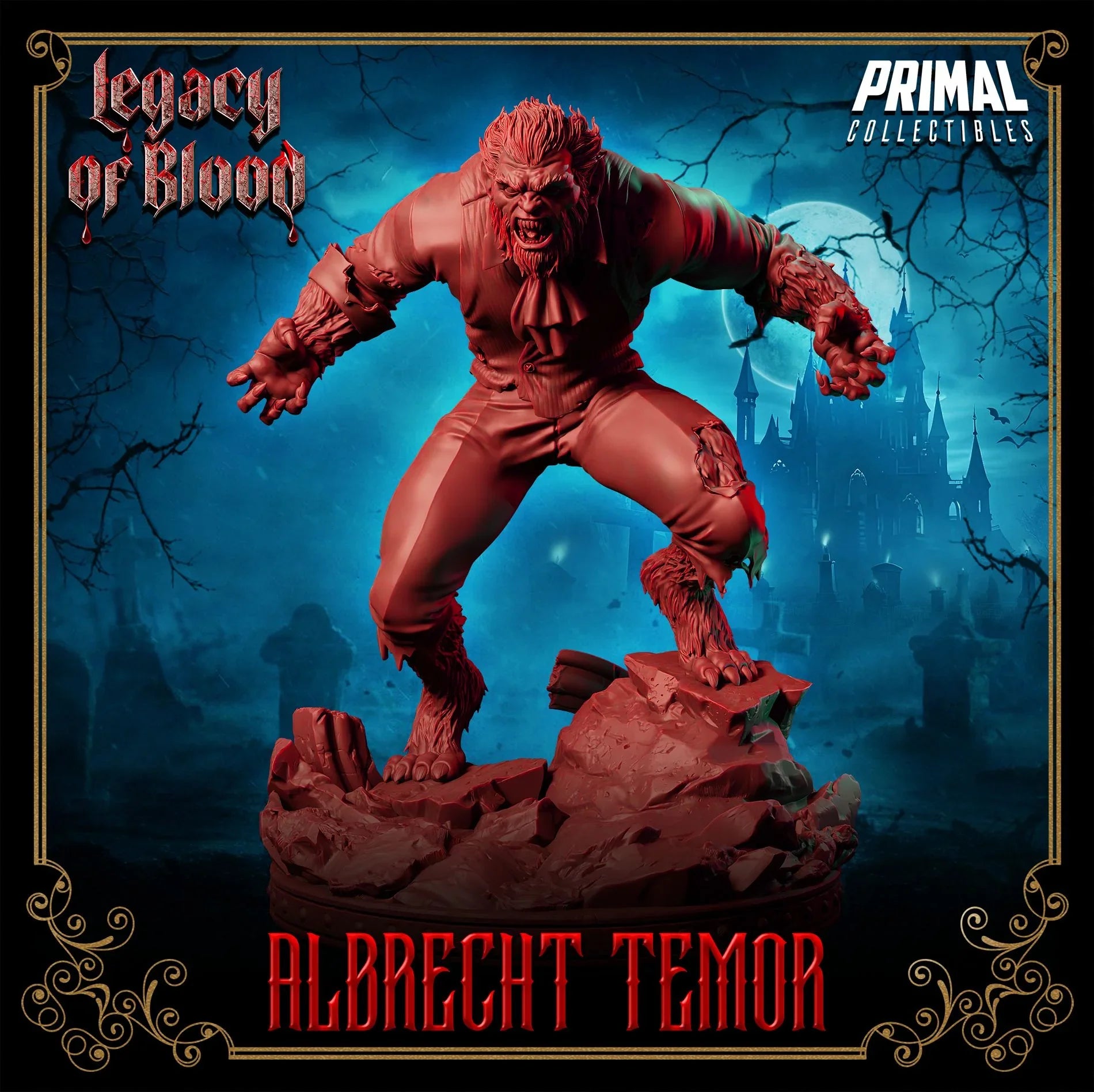 Albrecht Temor werewolf miniature snarling atop rocky base, Legacy of Blood series by Primal Collectibles – 3D printed fantasy figure.