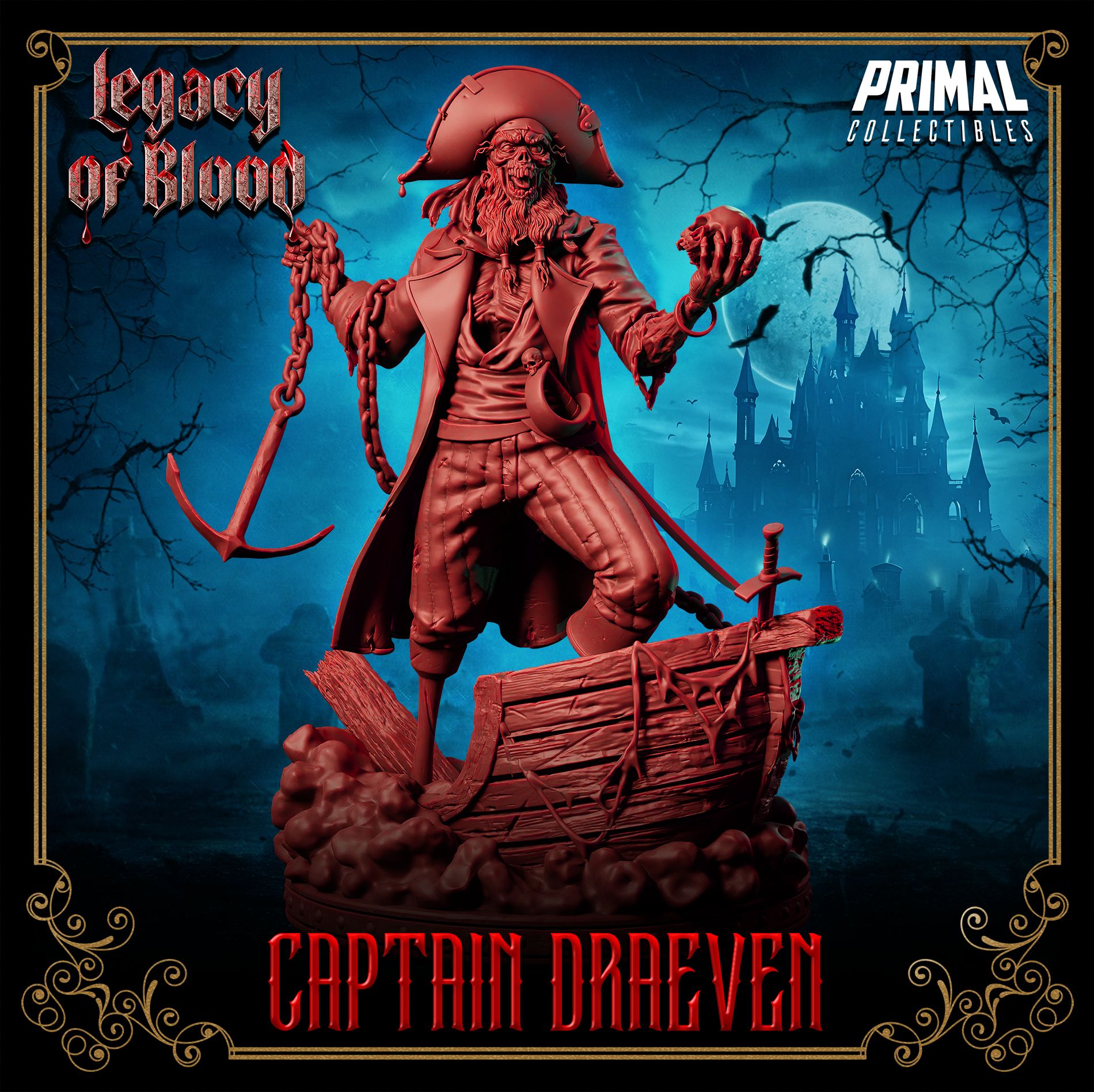 Draeven resin 3D printed undead pirate miniature, standing on shipwreck base with anchor chain – perfect RPG villain or display piece.