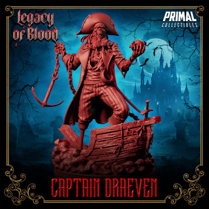 Draeven resin 3D printed undead pirate miniature, standing on shipwreck base with anchor chain – perfect RPG villain or display piece.