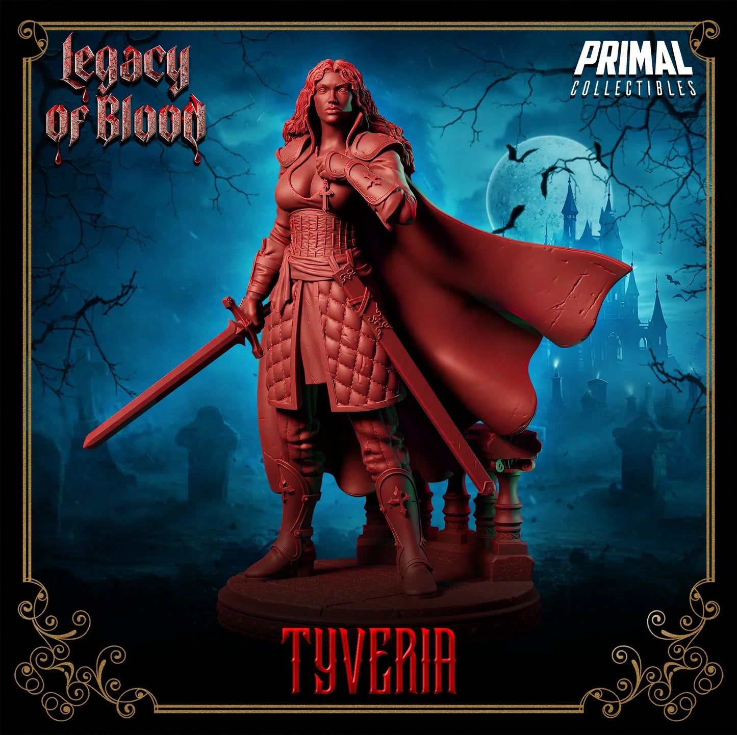 Tyveria warrior miniature with long red cloak, dual swords, and fantasy armor – Legacy of Blood by Primal Collectibles