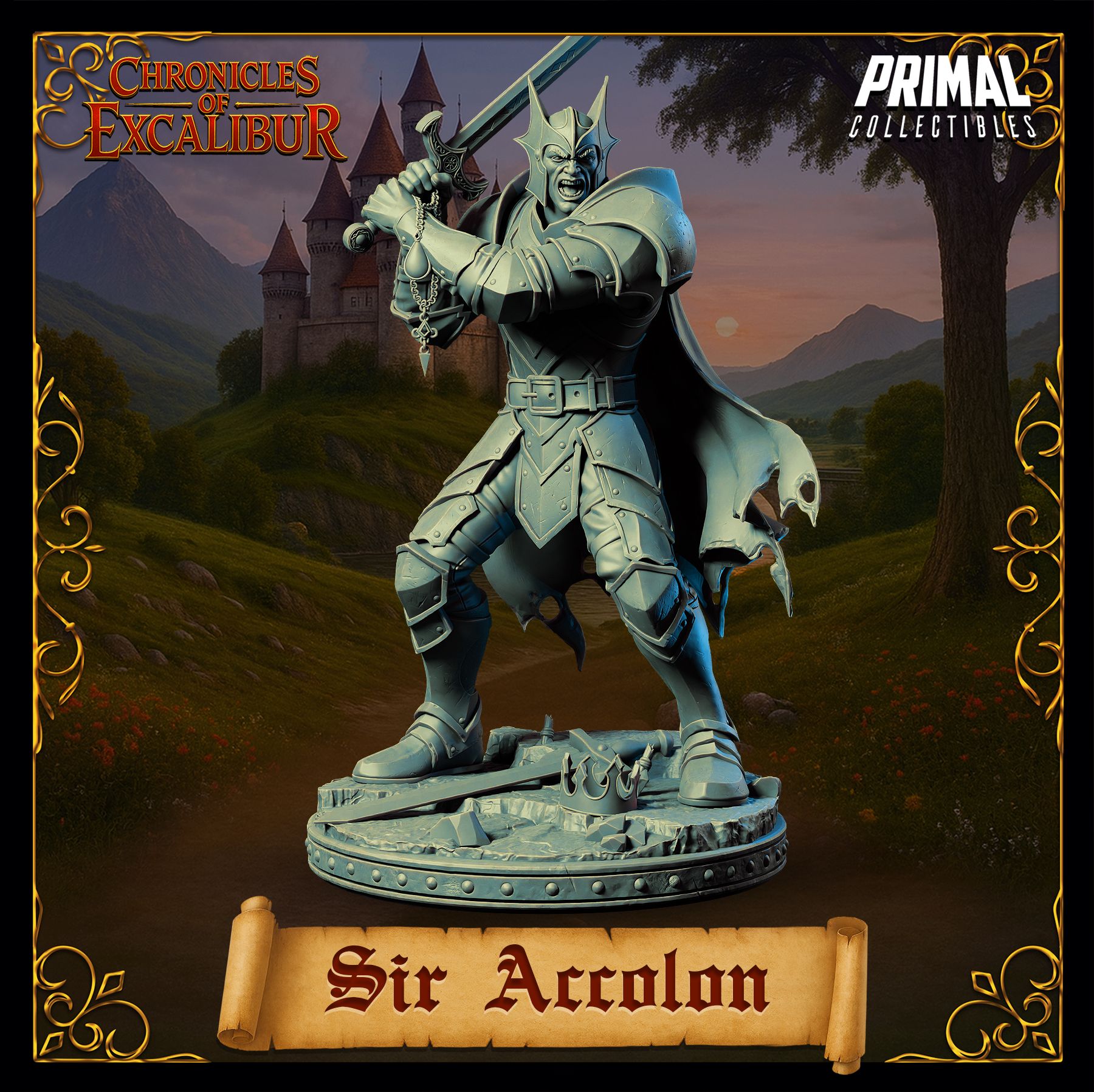 Frontal image of Sir Accolon evil knight resin figure with detailed base
