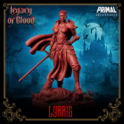 Lyrris resin 3D printed paladin miniature from Legacy of Blood, detailed armor and scenic base, perfect RPG hero or display piece.