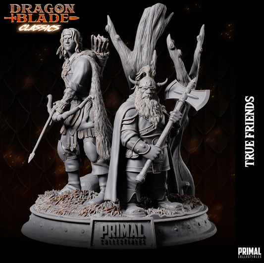 Front view of dwarf and ranger fantasy diorama – resin display miniature