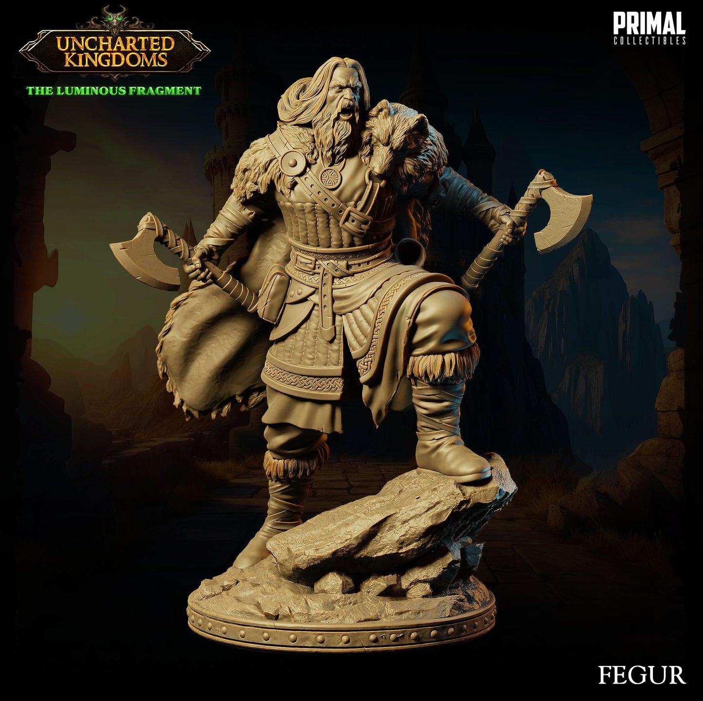 Resin miniatures of Kara and Fegur, barbarian champions available in 32mm and 75mm scales for TTRPGs and collectors.