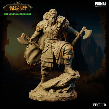 Resin miniatures of Kara and Fegur, barbarian champions available in 32mm and 75mm scales for TTRPGs and collectors.