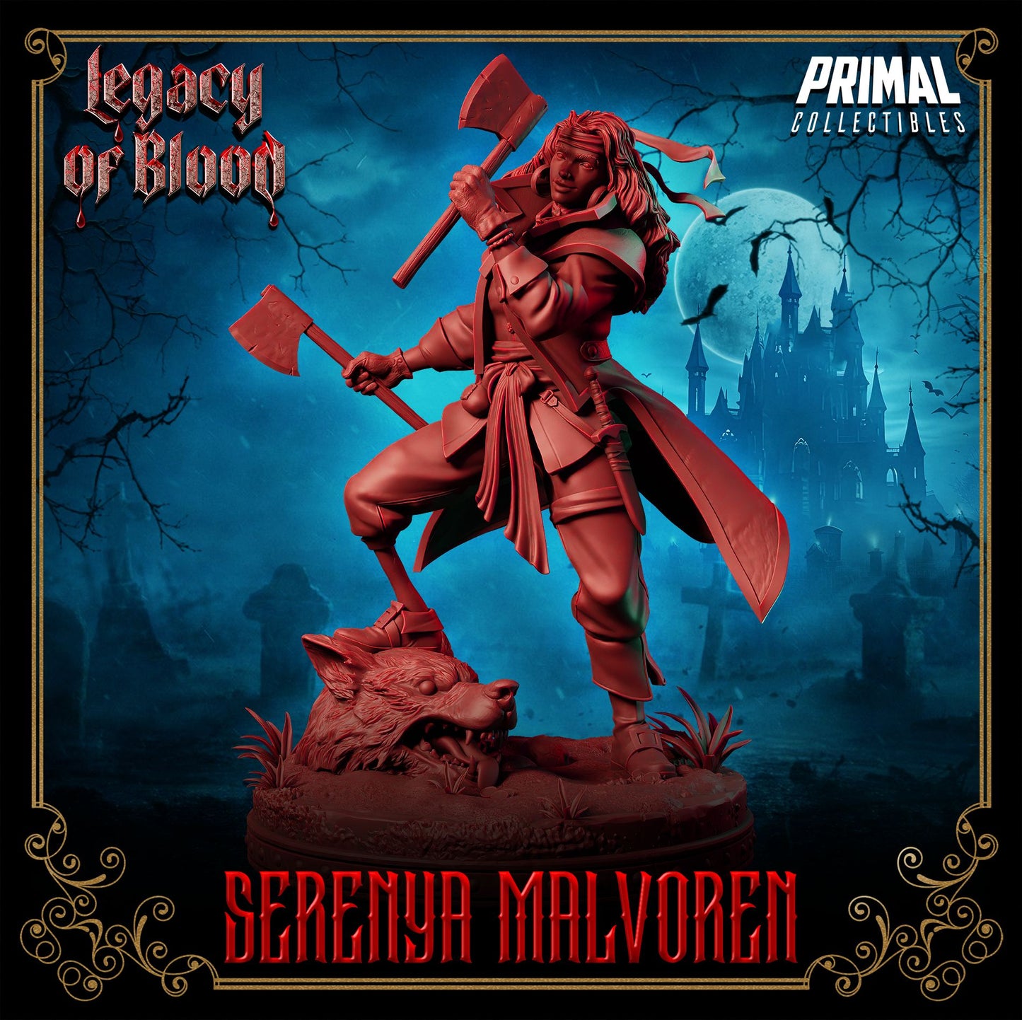 Serenya Malvoren dual-axe hunter resin miniature – human barbarian/fighter RPG hero for D&D and tabletop roleplaying – paintable resin figure