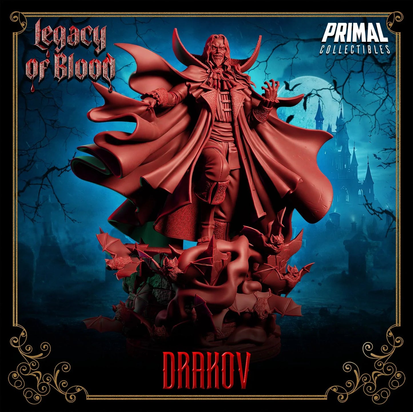 Drakov vampire lord 3D printed miniature bust and 300mm display statue by Primal Collectibles – Legacy of Blood series