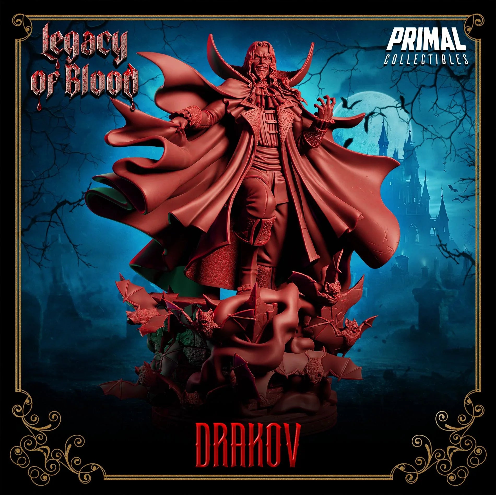Drakov vampire lord 3D printed miniature bust and 300mm display statue by Primal Collectibles – Legacy of Blood series