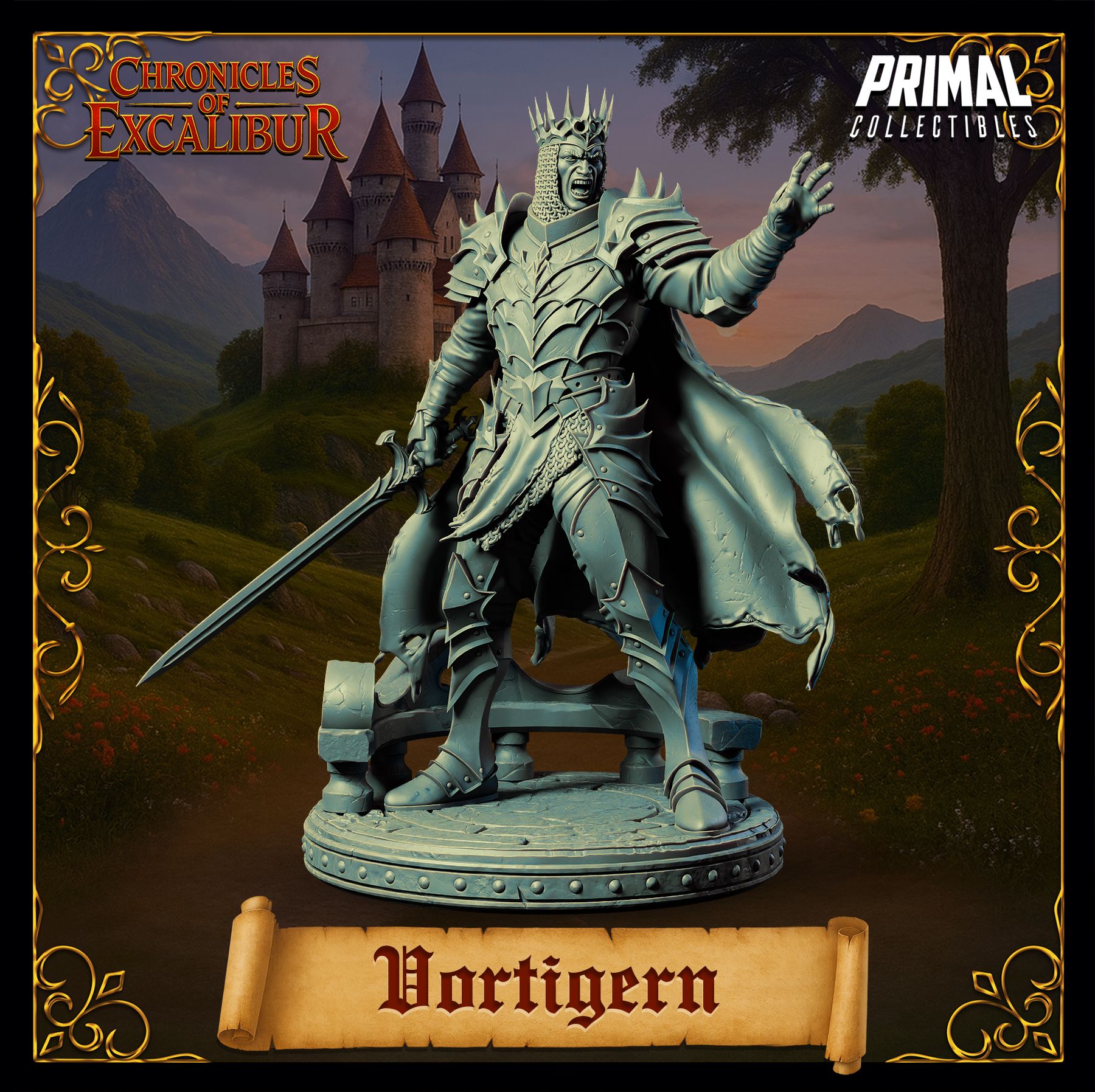 King Vortigern resin figure full view with crown sword and detailed armor