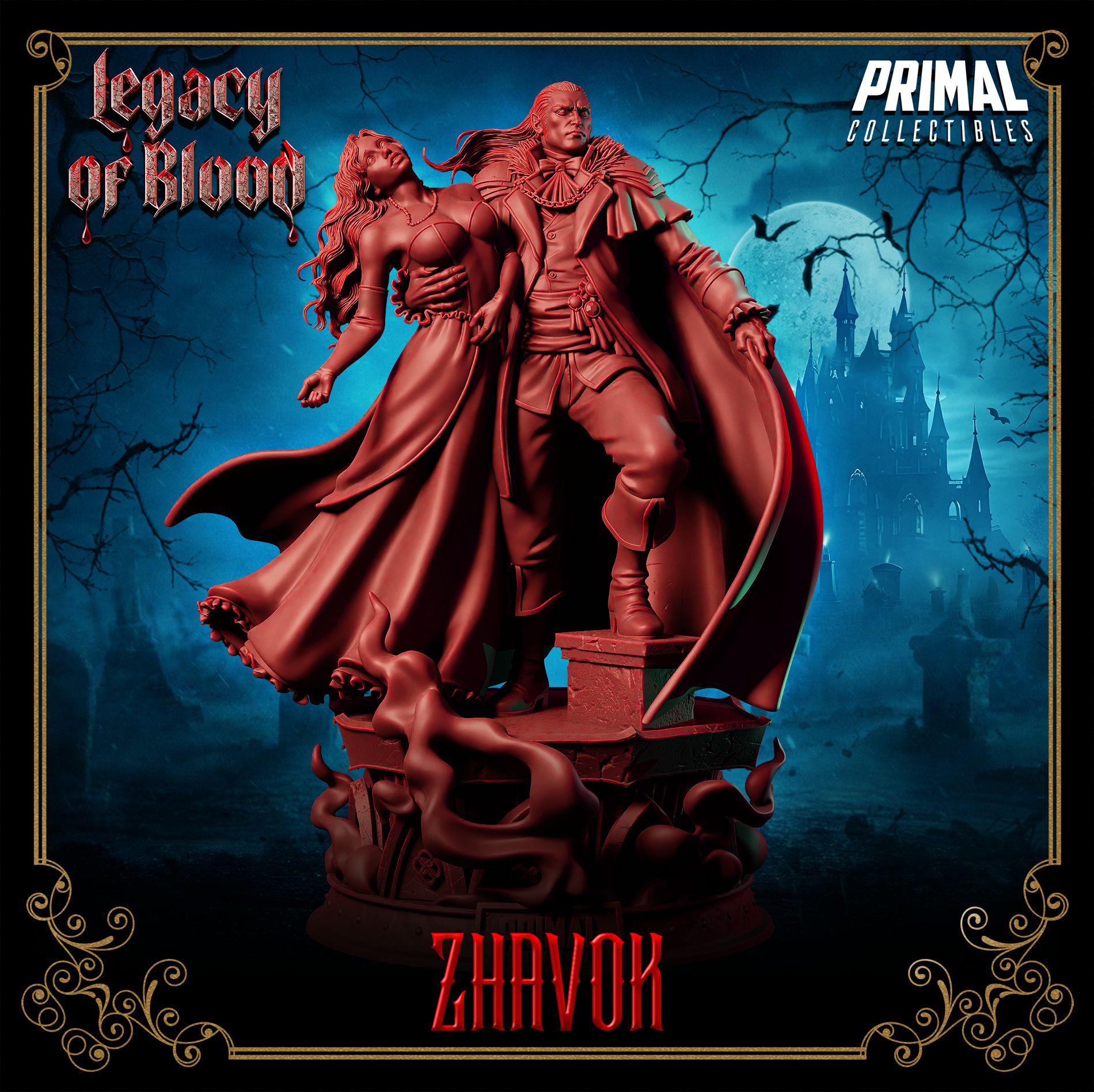 Zhavok Vampire Lord resin miniature – undead boss villain with enthralled victim for D&D, Pathfinder and tabletop RPG campaigns – paintable resin figure
