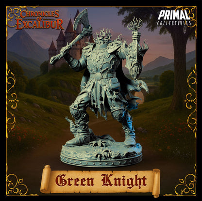 Mystic Green Knight figure with bark styled armor and raised axe crafted for fantasy tabletop and Arthurian themed display scenes by D&K Custom Prints