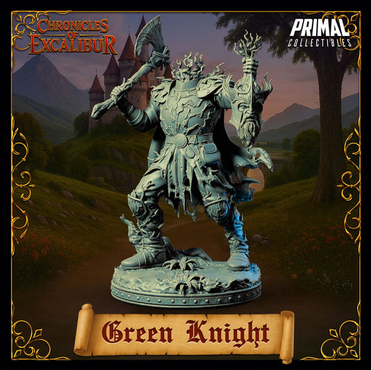 Mystic Green Knight figure with bark styled armor and raised axe crafted for fantasy tabletop and Arthurian themed display scenes by D&K Custom Prints
