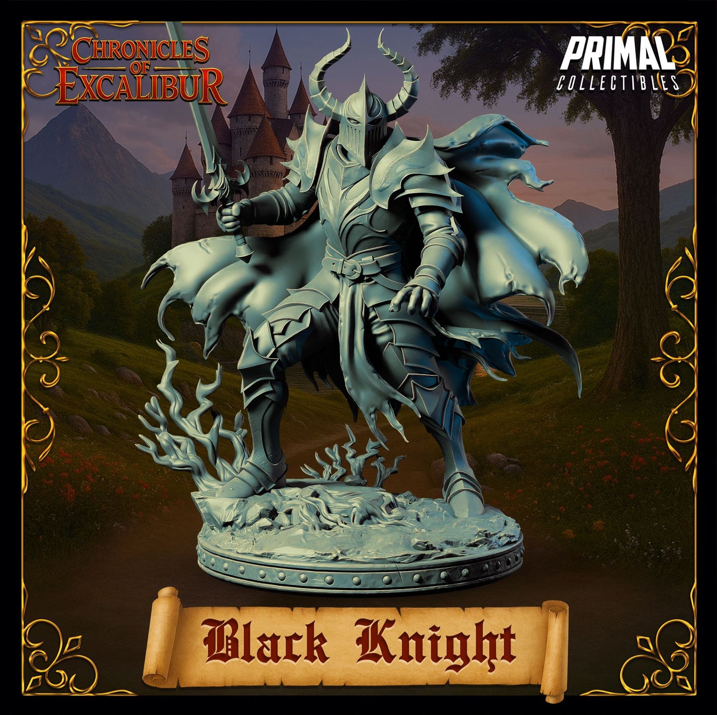 Black Knight dark fantasy armored boss miniature with flowing cape for tabletop RPGs