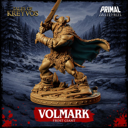 Full frontal view of the Volmark Frost Giant resin miniature standing on an icy, rocky scenic base scattered with wood and skulls.