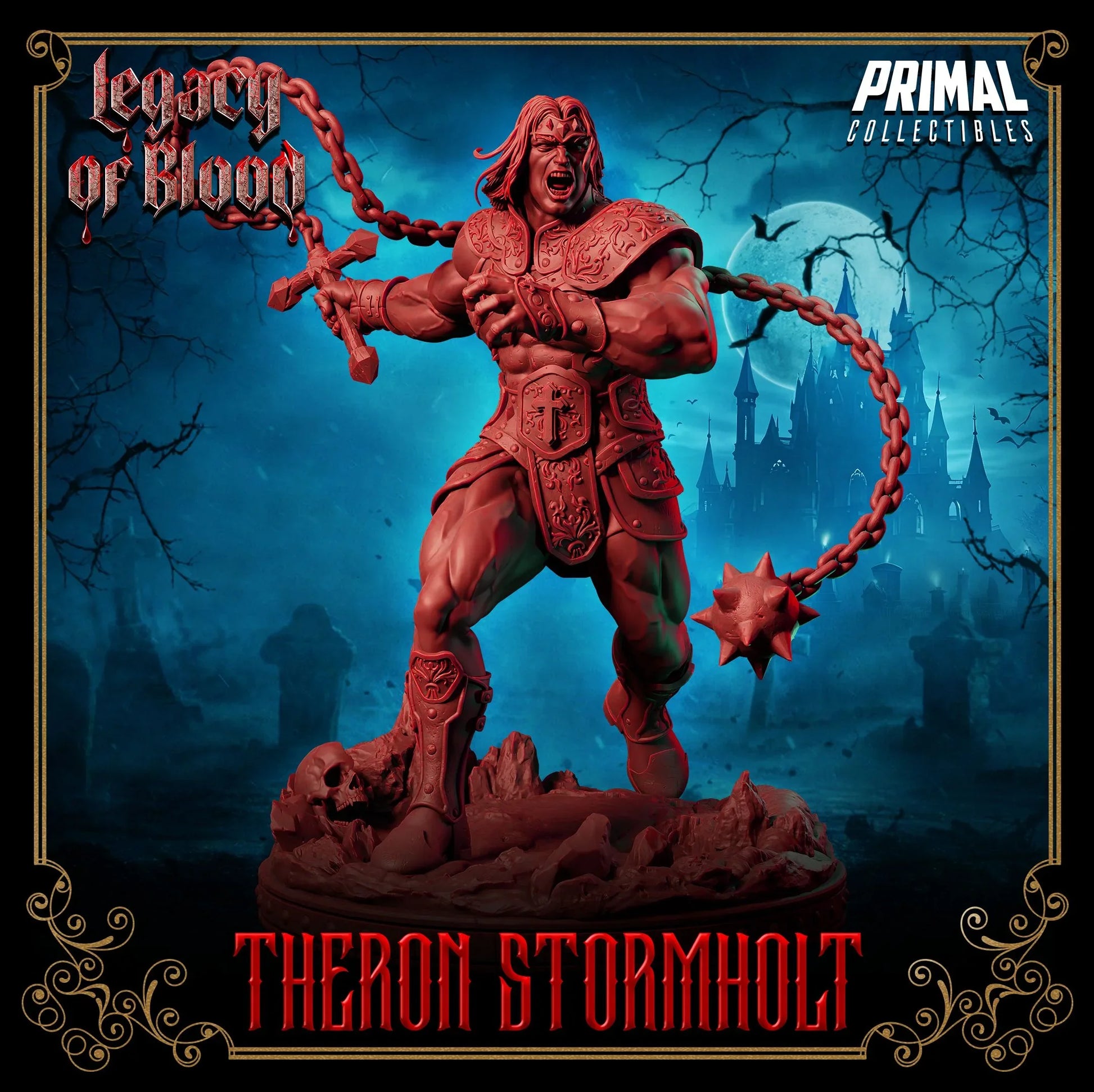 Theron Stormholt miniature by Primal Collectibles – fantasy warrior with chained mace, gothic armor, Legacy of Blood line – 3D printed resin model